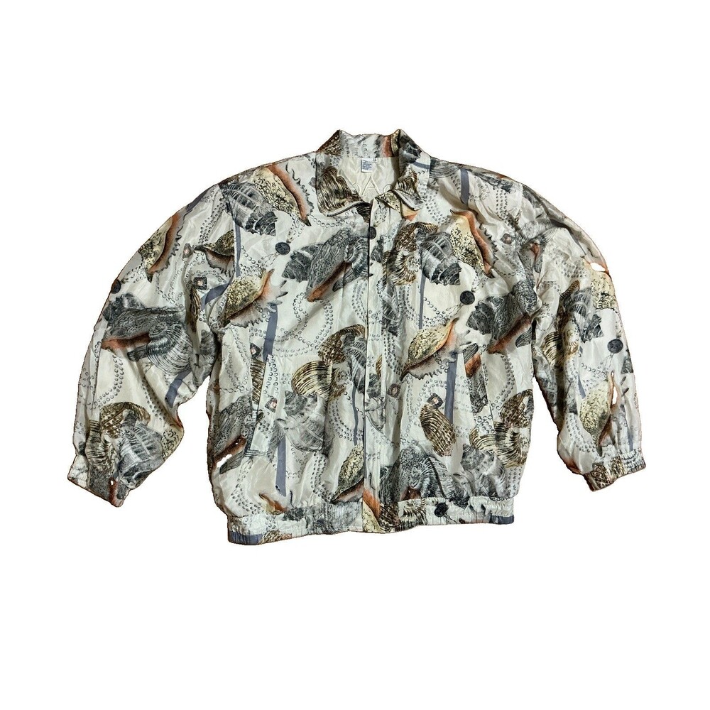 Vintage COACO Silk Jacket XL Womens Seashell Ocean Print Bomber Windbreaker 80s